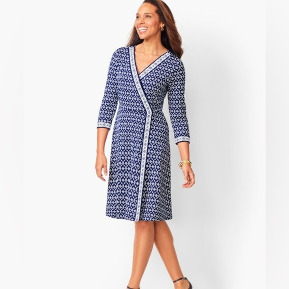 Talbots Long Sleeve V-Neck Front Faux Wrap Navy Blue Dress XL